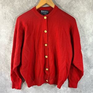 Vintage Burberry Cardigan Womens Large L Red Merino Wool Button **See Descrip**